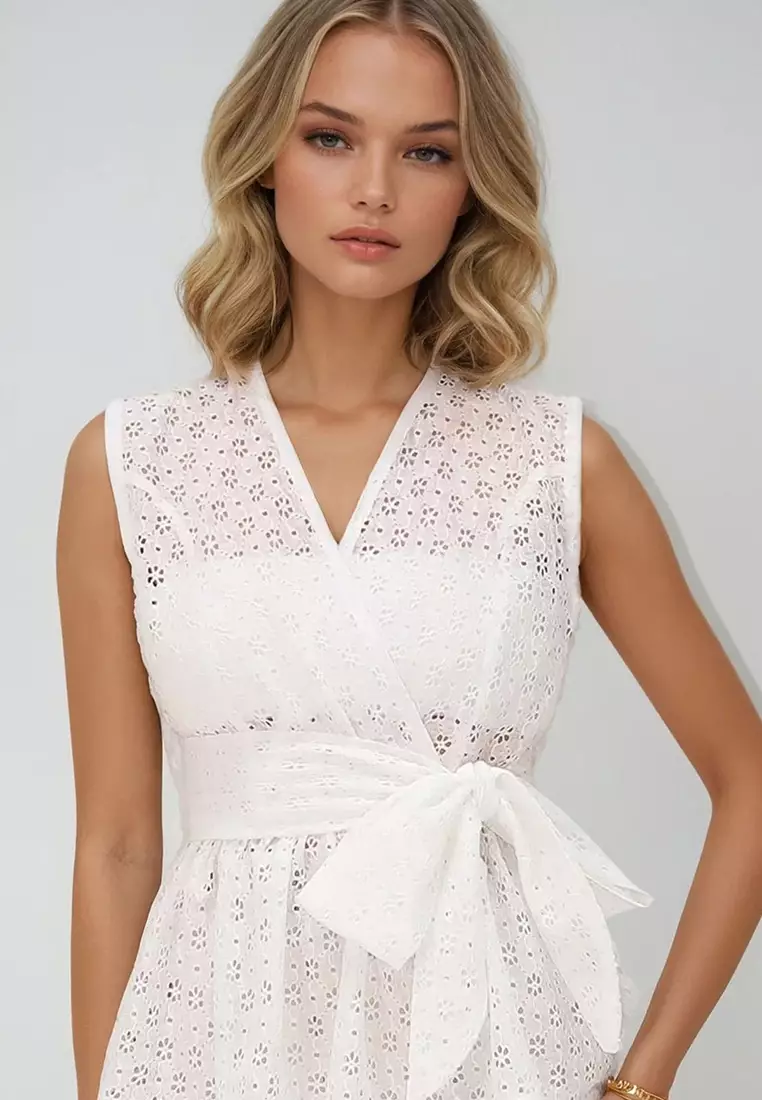 Women's Ecru Double Breasted Collar Skirt Flounced Self Belted Summer Guipure Blouse Alc-X14126