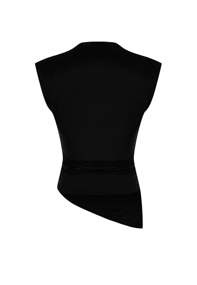Black Stand Collar Gather/Drape Detailed Fitted/Asymmetrical Knitted Blouse TWOSS24BZ00534