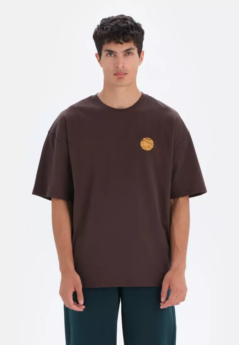 Dark Brown T Shirt Sun Printed Crew Neck Oversize Short Sleeve Activewear for Men