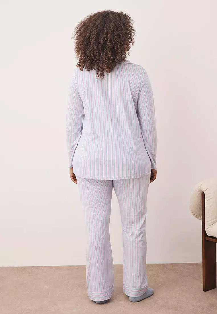 Lilac 100% Cotton Striped Shirt-Pants Knitted Pajama Set Tbbaw26Ai00017