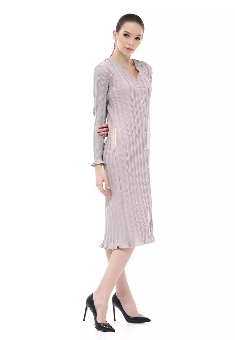 Rachel Dress Wanita Model Rempel Long Sleeve Side Pockets Material Crepe ORIGINAL - Gray