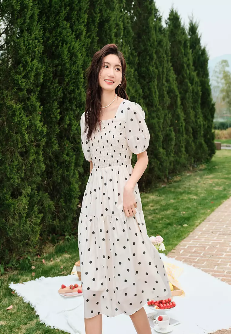 Square Neck Smocked Waist Polka Dot Dress