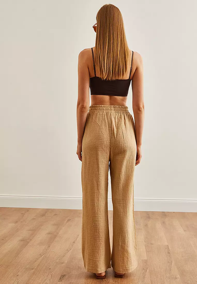 Elastic Waist Pocket Muslin Trousers