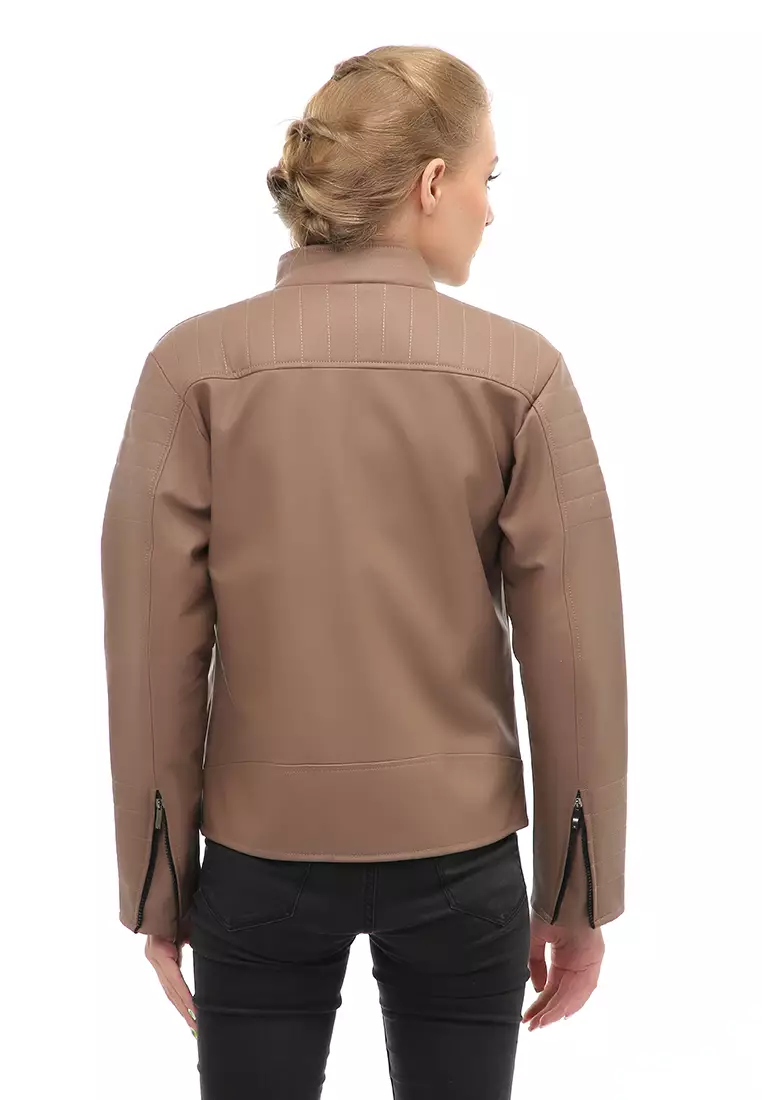Glenice Jacket Outer Wanita Jaket Kulit Casual Simple Design Material Leather ORIGINAL - Mocca