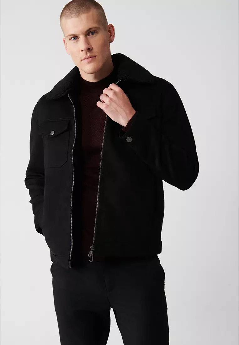 Men's Black Fur Collar Zippered Fiber Coat A32Y6140