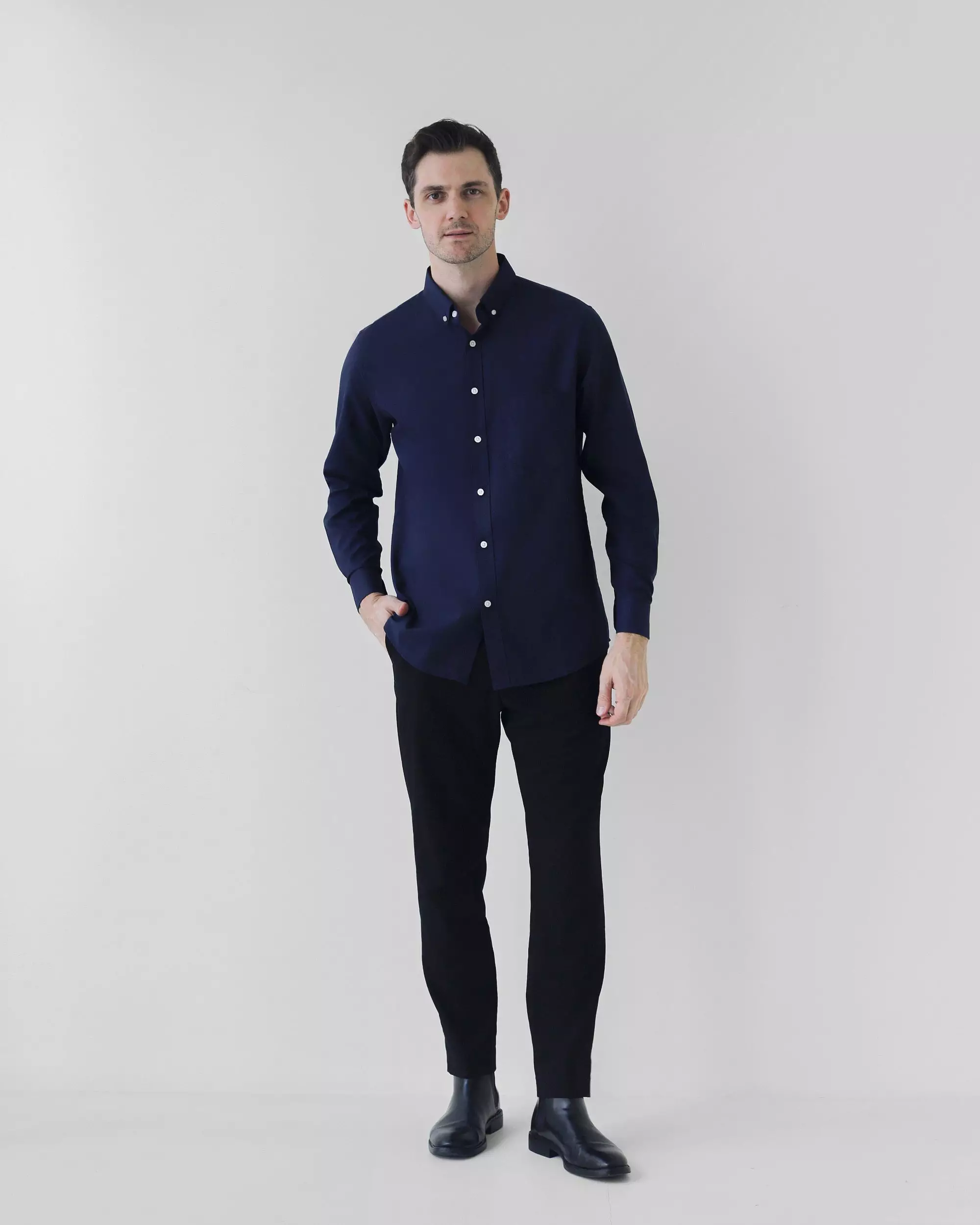 Cotton Well Marc Long Sleeve Oxford Shirt Navy | Kemeja Pria Lengan Panjang Basic Polos Biru Dongker Nevi