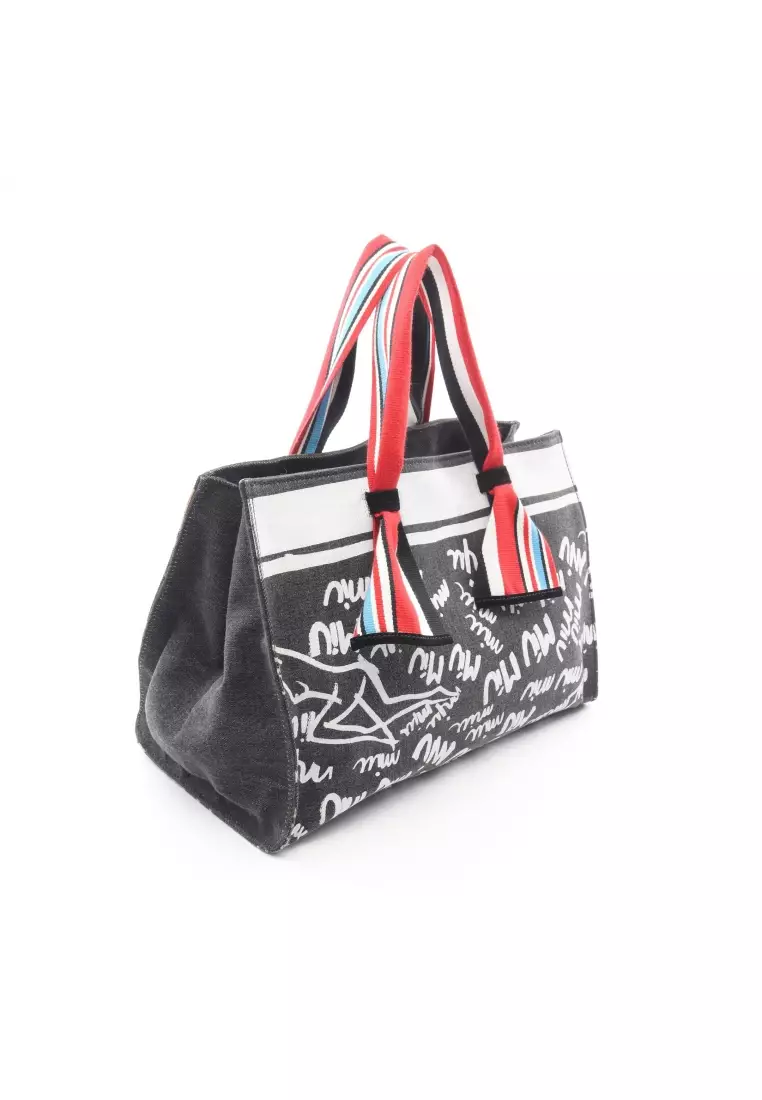 Pre-Loved MIU MIU Ⅾenim LOGO Handbag tote bag canvas gray white 2WAY