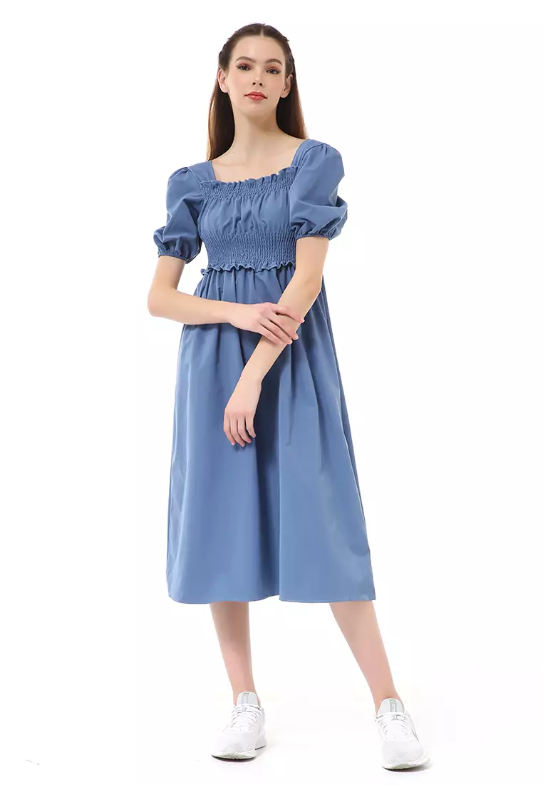 Rachel Dress Retro Wanita Full Karet Short Sleeve Material Cotton ORIGINAL - Blue