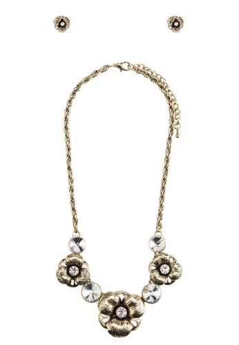 Antique zalora 心得 pttGold Flower Necklace and Earrings Set, 飾品配件, 項鍊