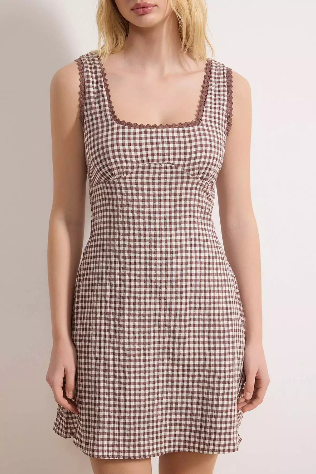 Brown Plaid / Checkered Lace Detailed Short / Mini Woven Dress Twoss26El91