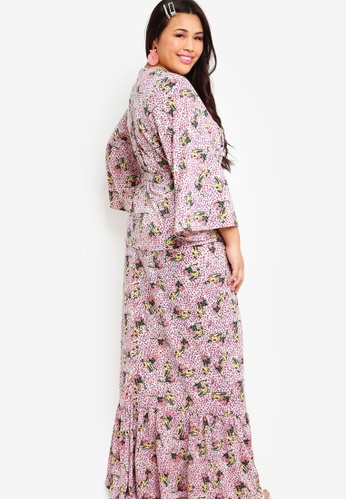 Buy Printed Flared Sleeves Low Panel Skirt Set from Lubna in Pink at Zalora