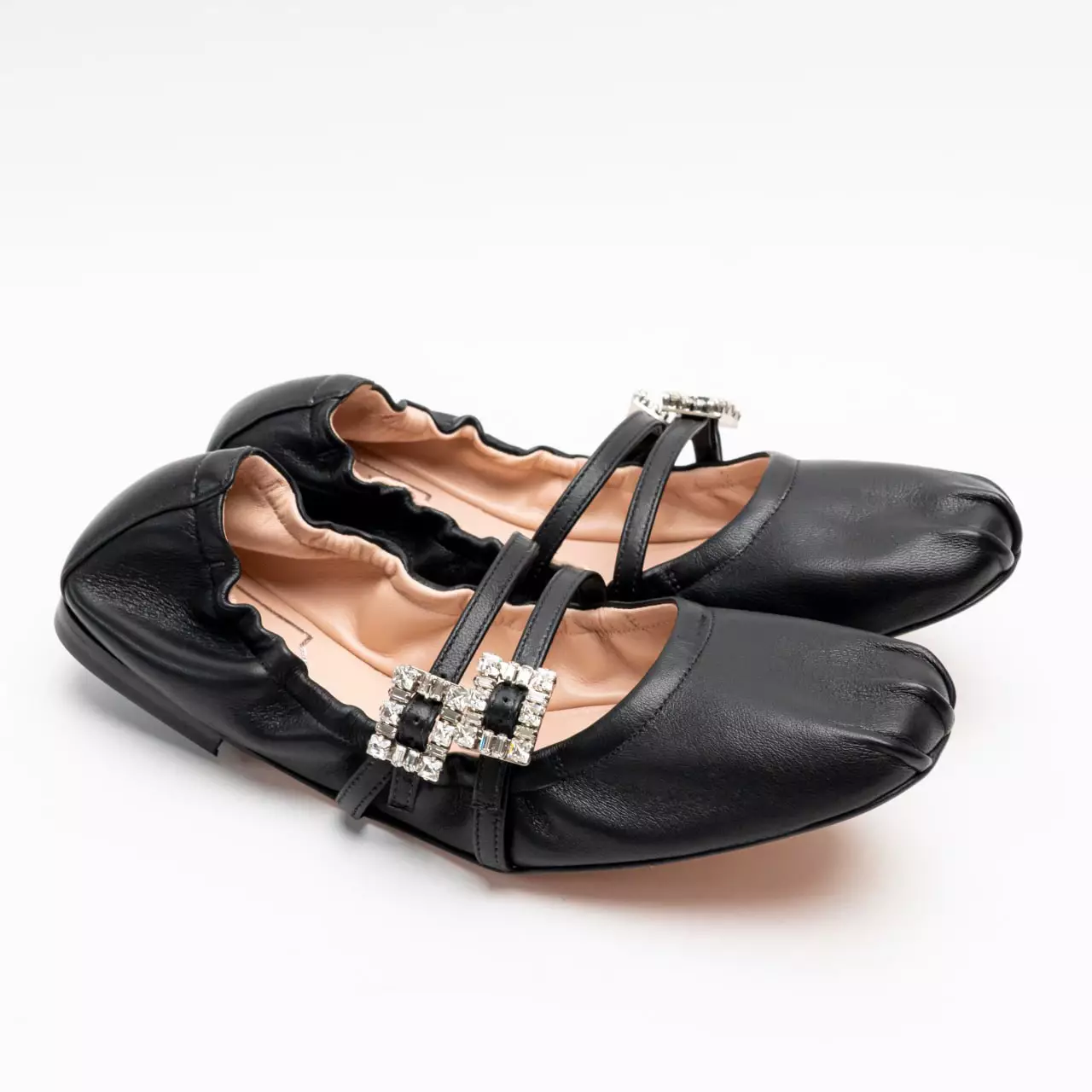 [4.4PRIL KEJUTAN HARGA] Mary Janes Crystal Buckle Nappa Leather Flats Black