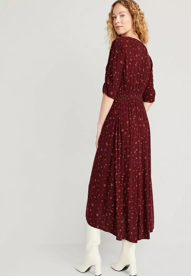 Waist-Defined V-Neck Shirred Midi Dress