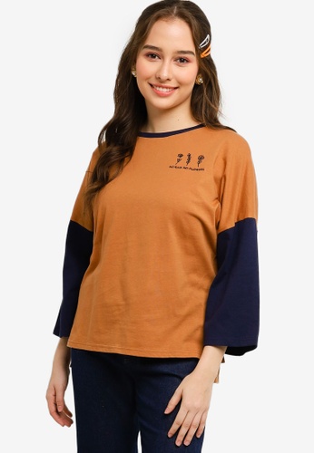 Lubna brown and navy Color Block T-Shirt With Embroidery A2057AA25DE7B3GS_1