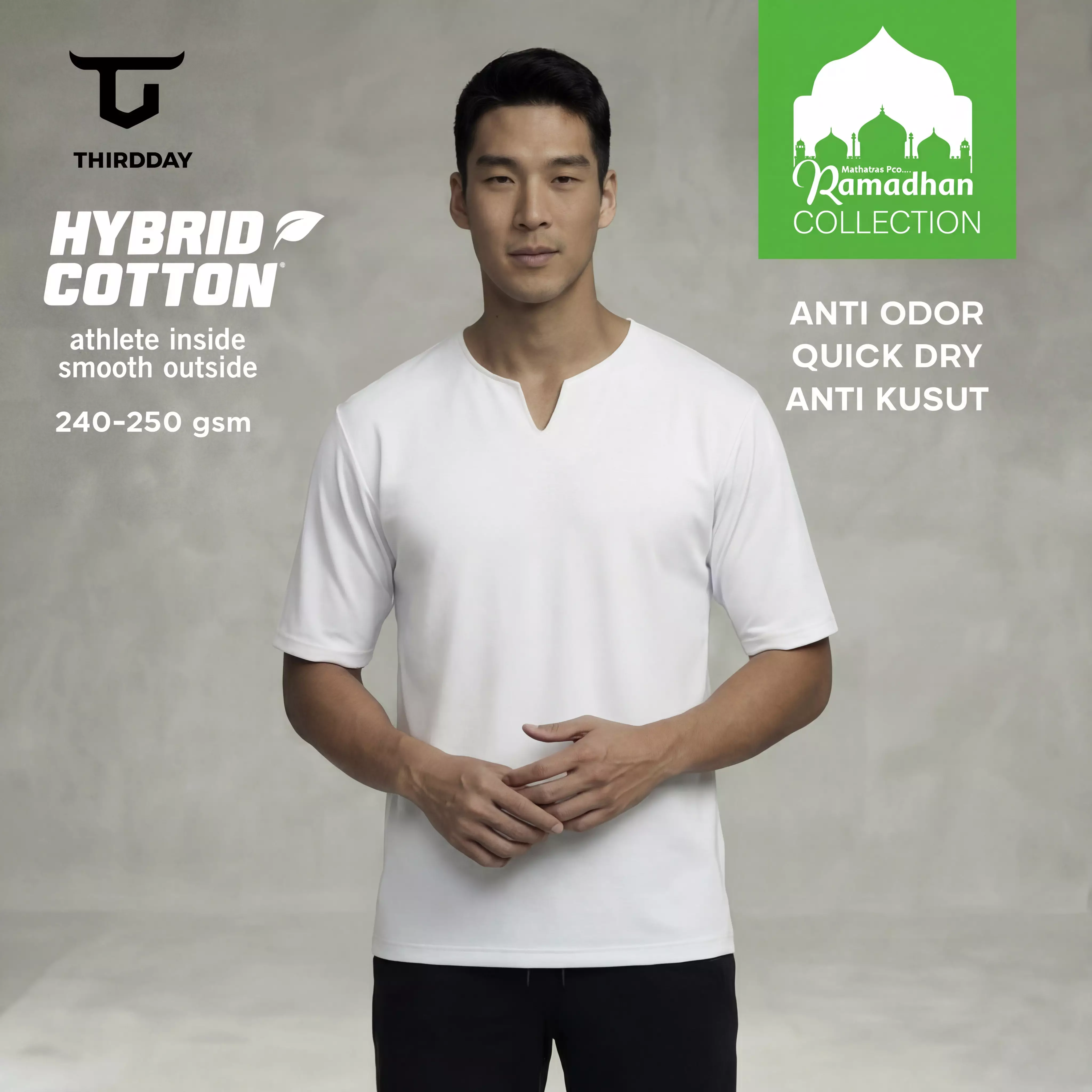 THIRDDAY Kaos Koko Pria Lengan Pendek Polos Cotton Hybrid 240gsm Putih MTZ21