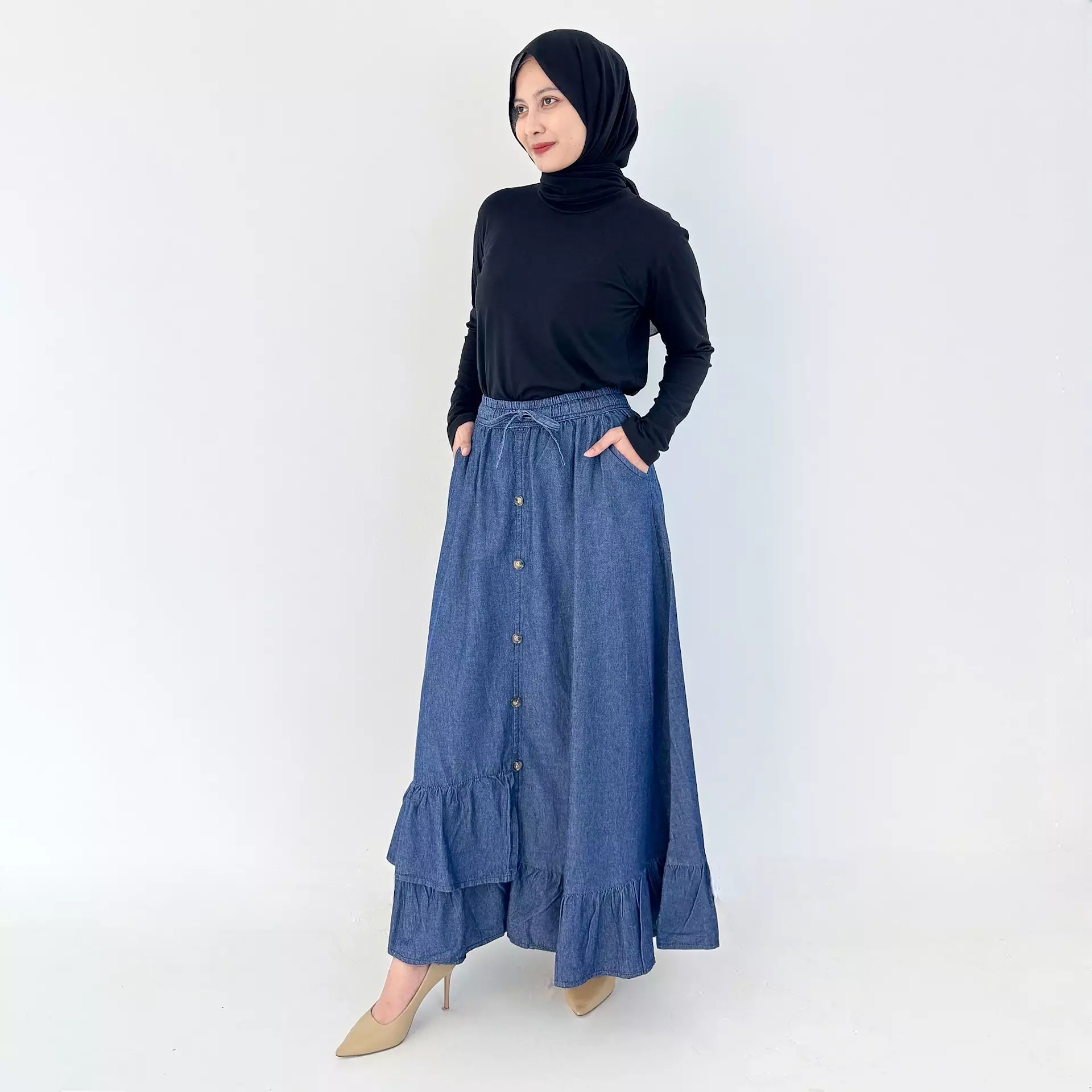Rok Soft Jeans Nayra [BIRU TUA] Fit to 65 Kg