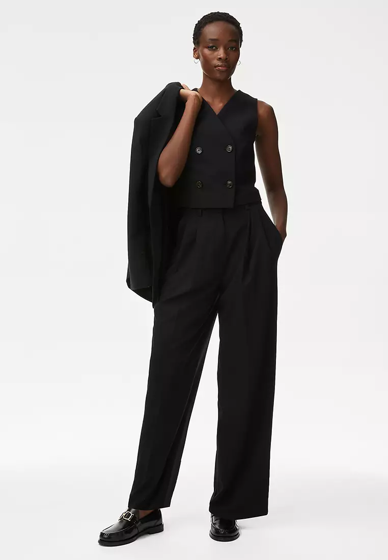 Pleat Front Relaxed Wide Leg Trousers