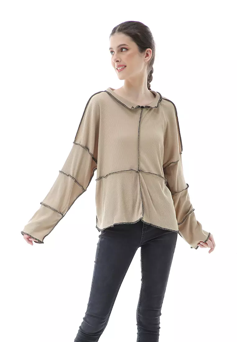 Veronica Blouse Terbalik Relaxed Motif Polos Long Sleeve Premium Quality - Cream
