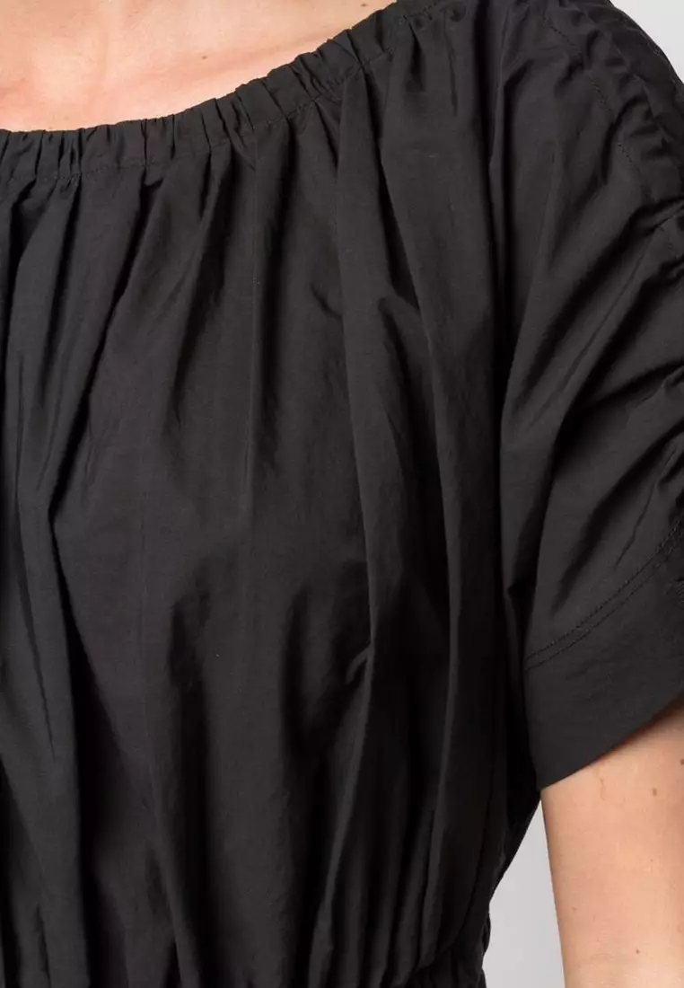 "Poplin" Drawstring Flared Jumper Dress in Black