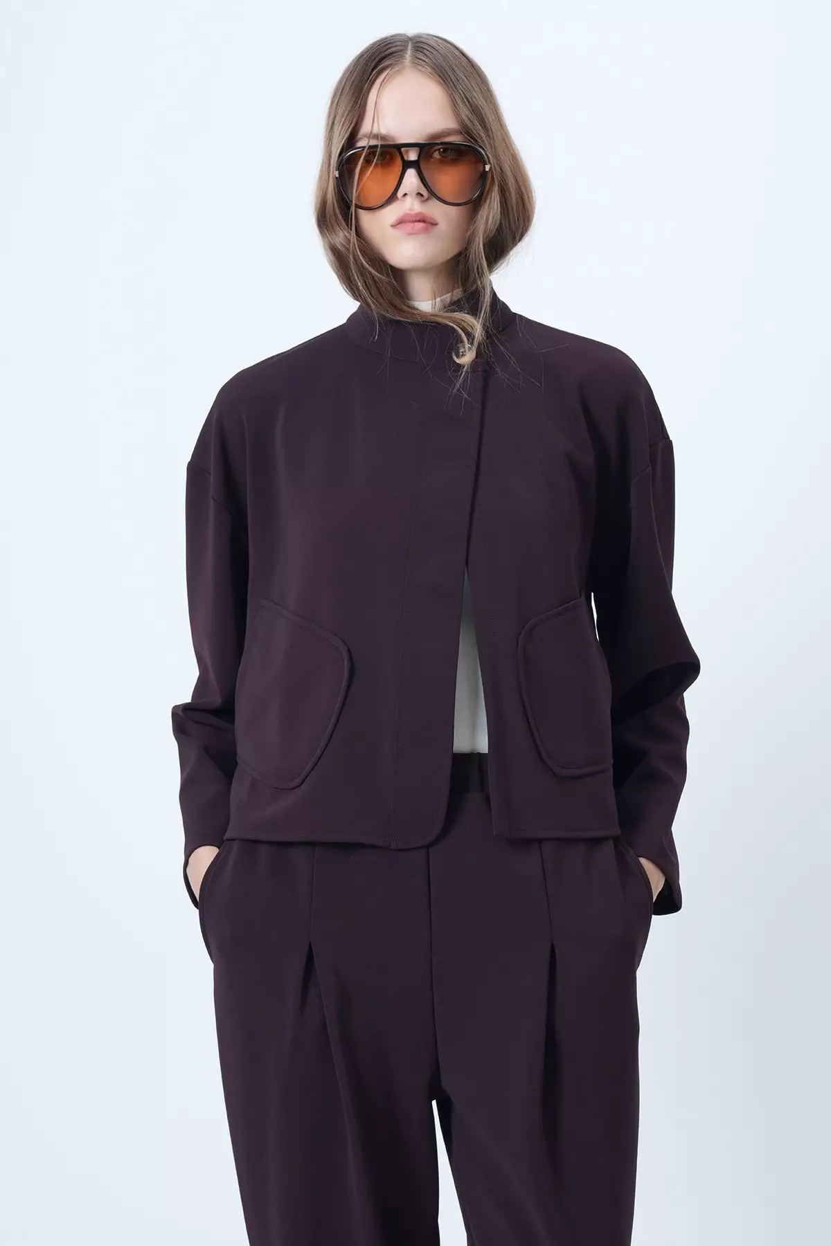 Women'S Plum Judge Collar Poncho Jacket With Pocket Alc-X14421