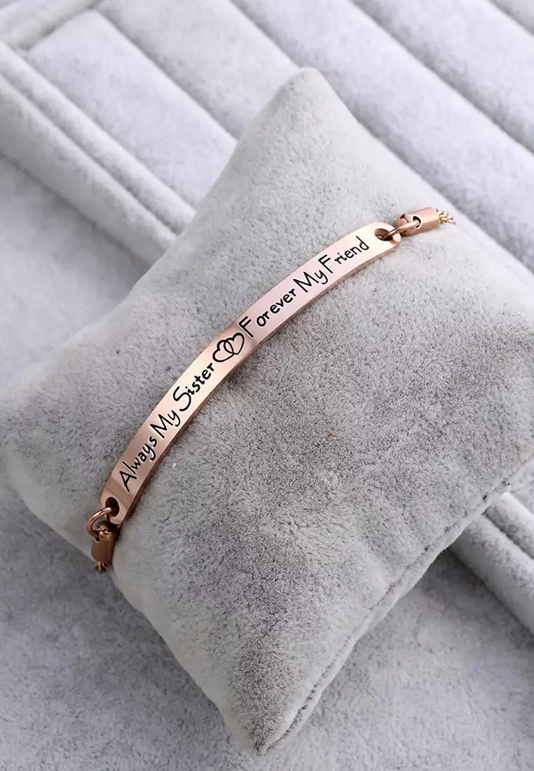Sisters Forever Inscriptions Rose Gold Bar Bracelet