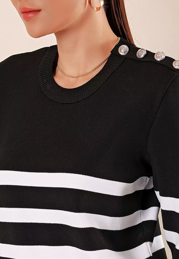 Button Detail Striped Sweater Black