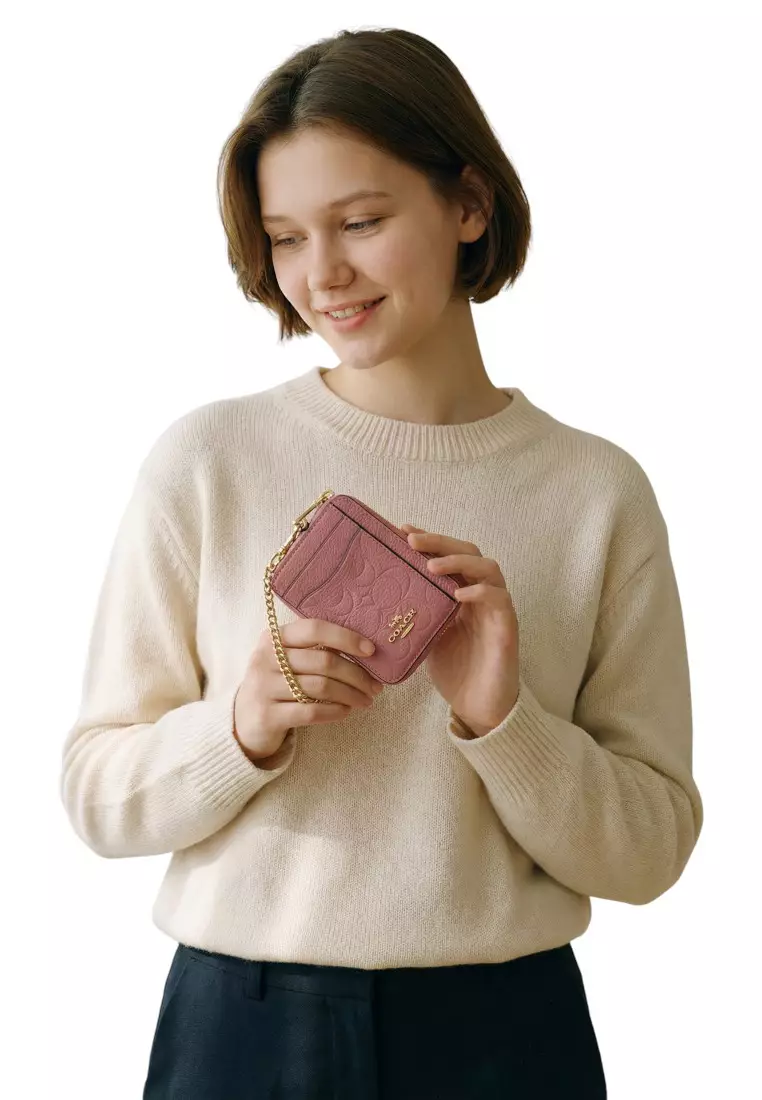 Zip Card Case In Signature Leather - Peony