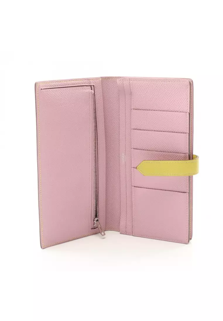 Pre-Loved Hermès bear souffle Verso lime mauve sylvestre Bi-fold Long Wallet Veau epsom yellow silver hardware D stamp