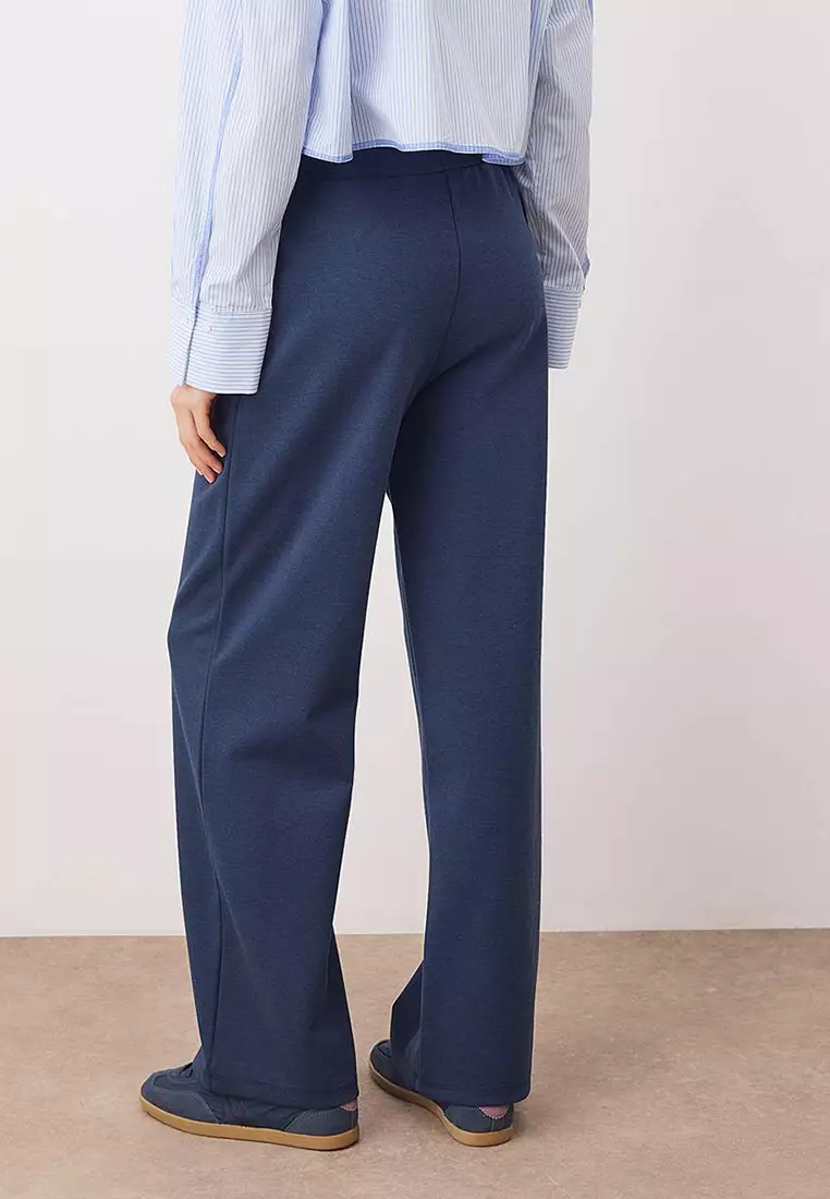 Navy Blue More Sustainable Normal Waist Wide Leg Flexible Knitted Trousers