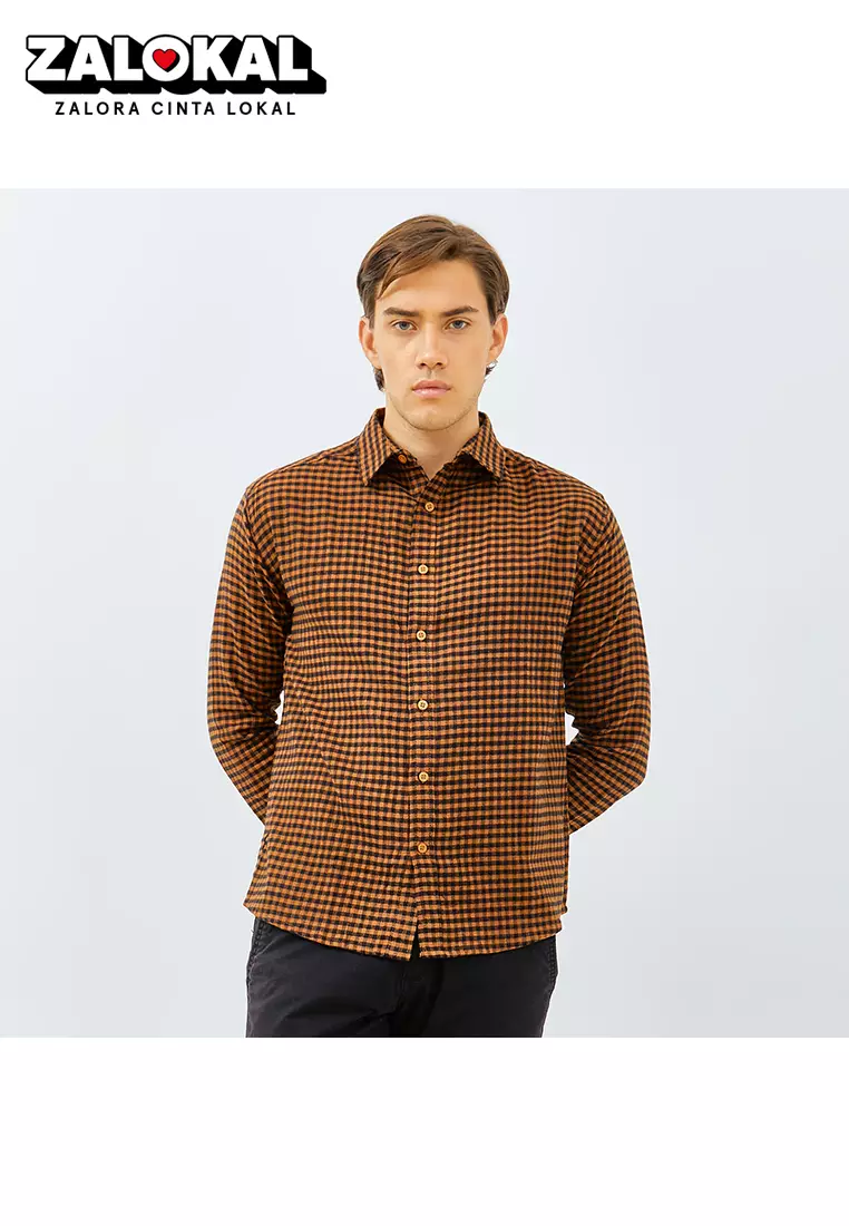 PAULMAY Kemeja Flanel Pria Lengan Panjang Coklat 6706