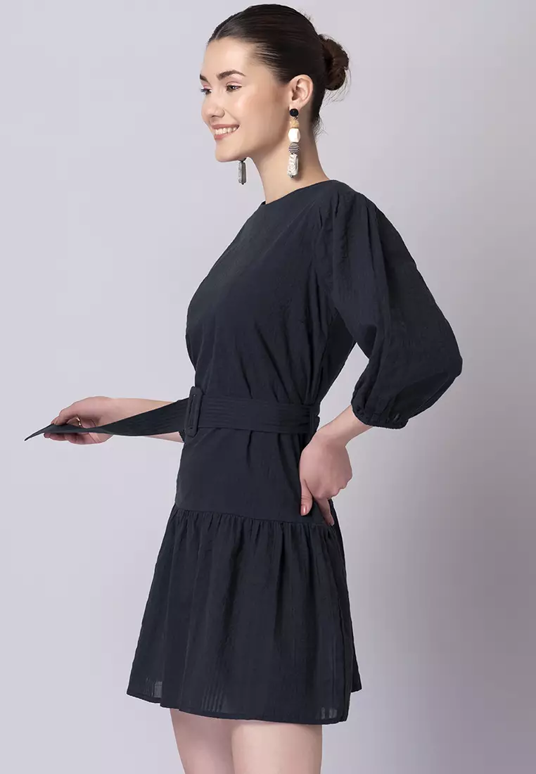 Navy Blue Cotton Shift Dress With Belt
