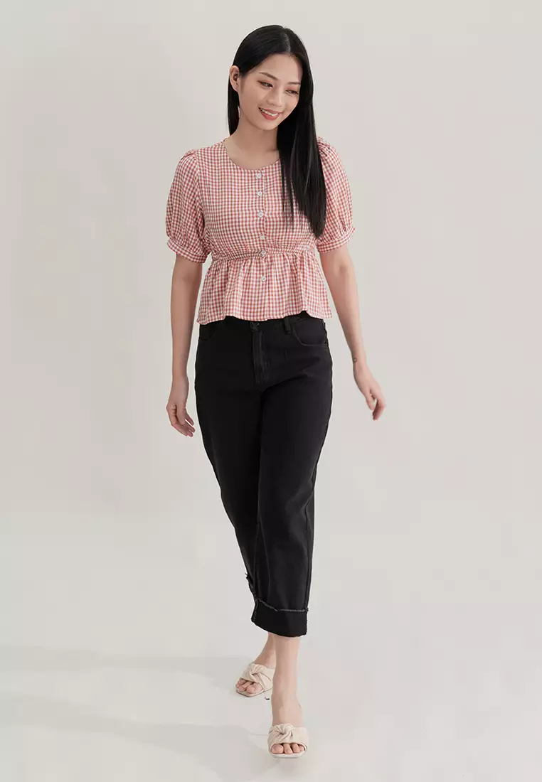 格纹灯笼袖短版上衣