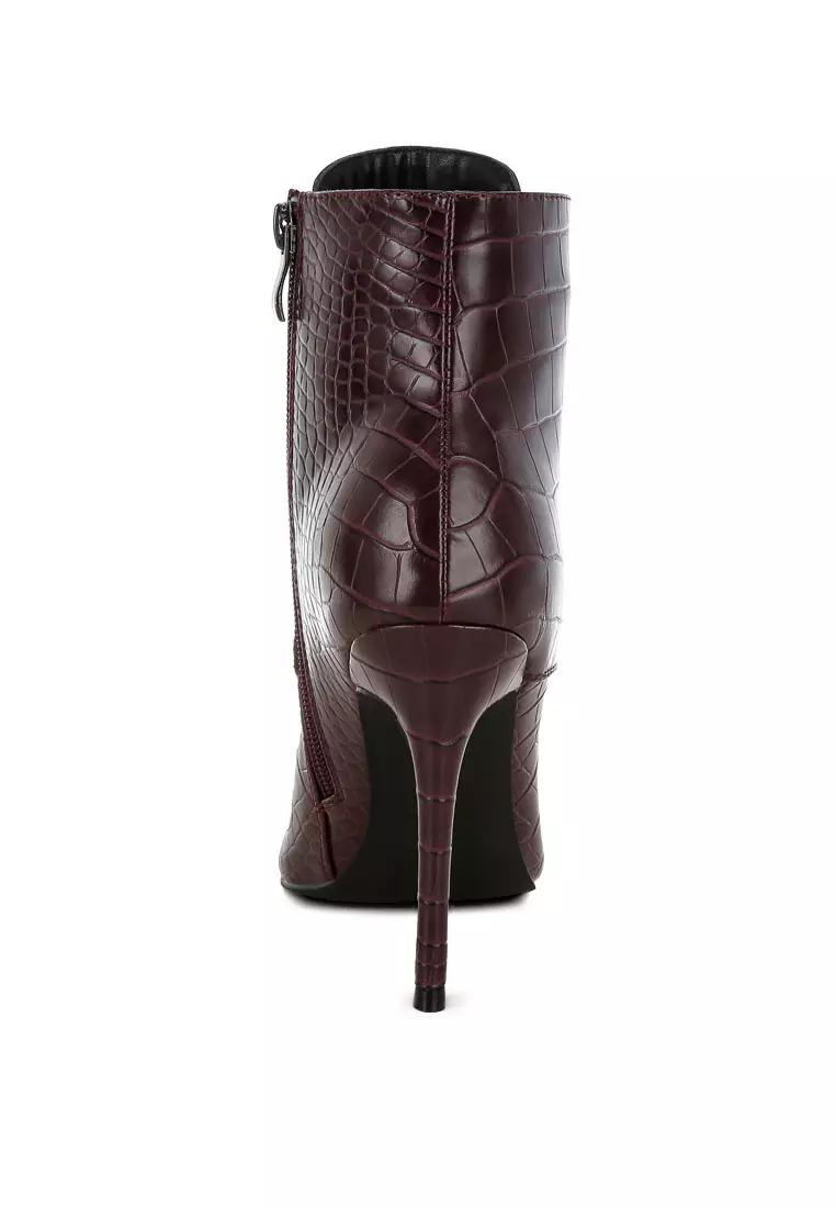 Croc Lace-Up Stiletto Boot in Burgundy