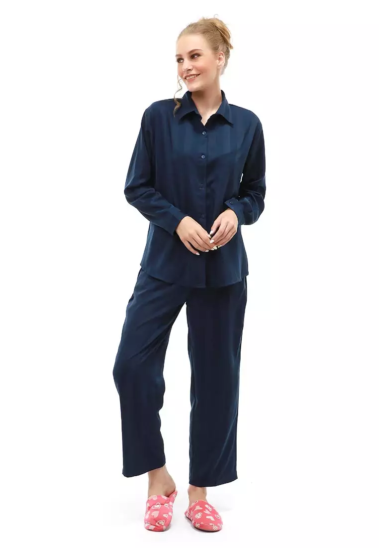 Vance Pajamas Salur Setelan Baju Tidur Wanita Lengan Panjang Material Cotton Silky ORIGINAL - Blue