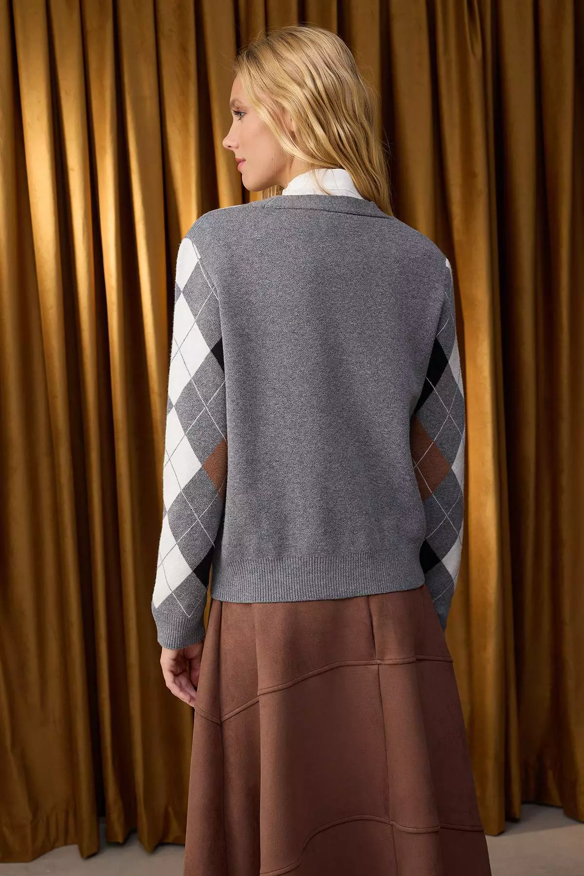 Anthracite Premium Yarn/Special Yarn Diamond Patterned Knitwear Cardigan Twoaw26Hi00158