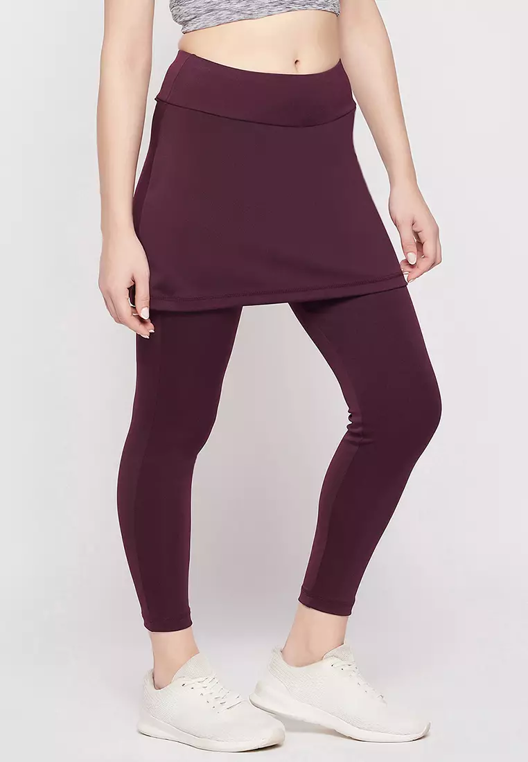 Clovia Snug-Fit High Rise Active Skirt with Attached Tights in Plum Colour