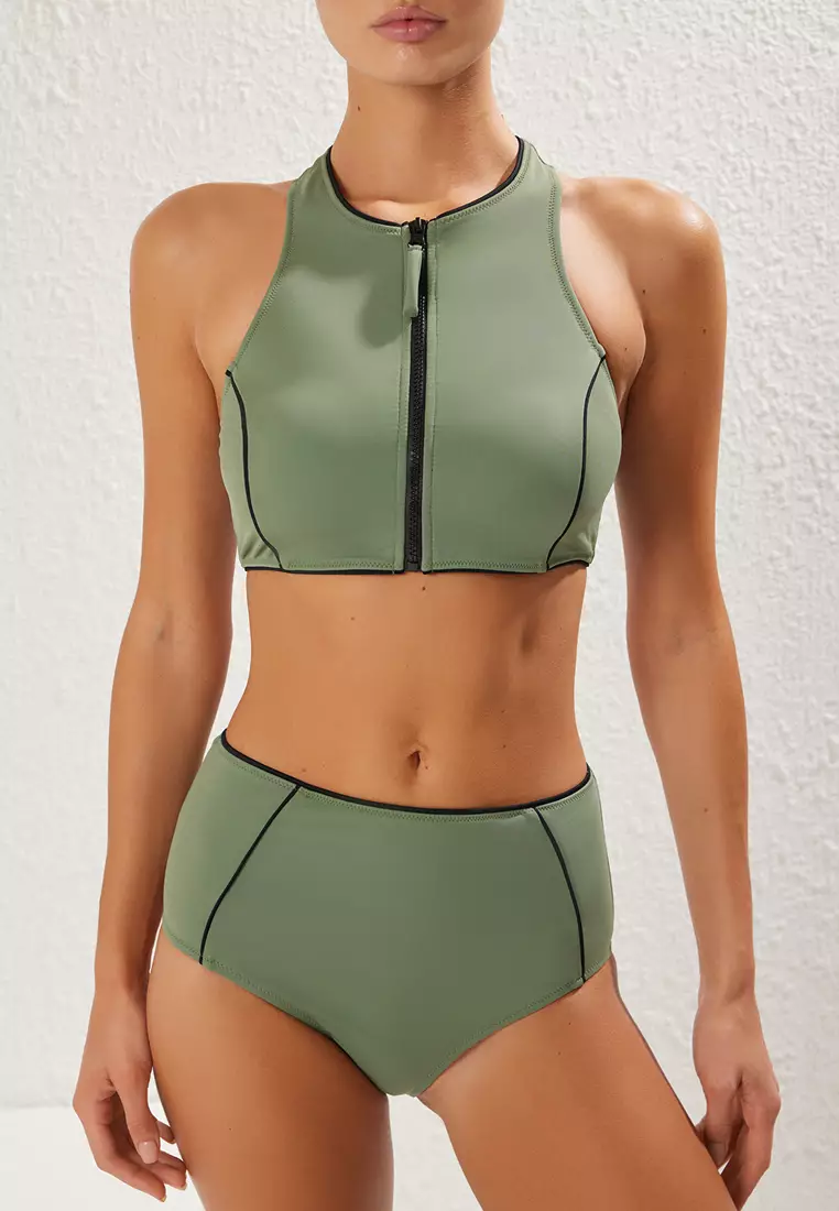 Khaki Halter Neck Zippered Regular Bikini Set