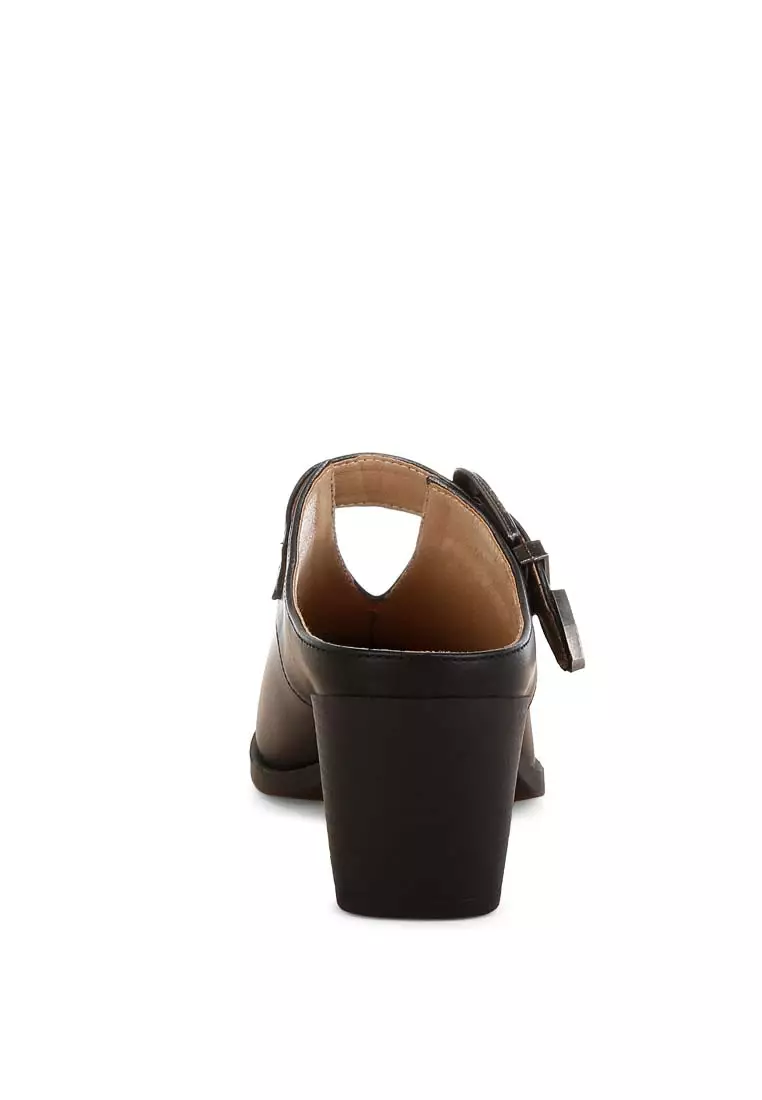 Carved Buckle Statement Mules in Black