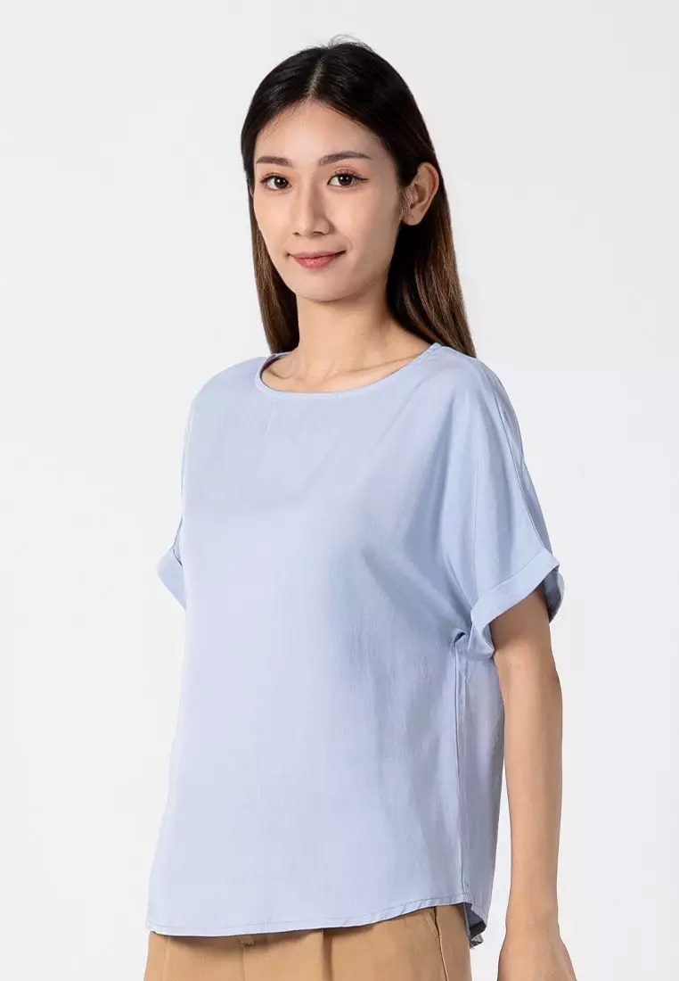 Forest Ladies Rayon Lyocell Casual Plain Blouse Women Short Sleeve Blouse - 822416-32LtBlue