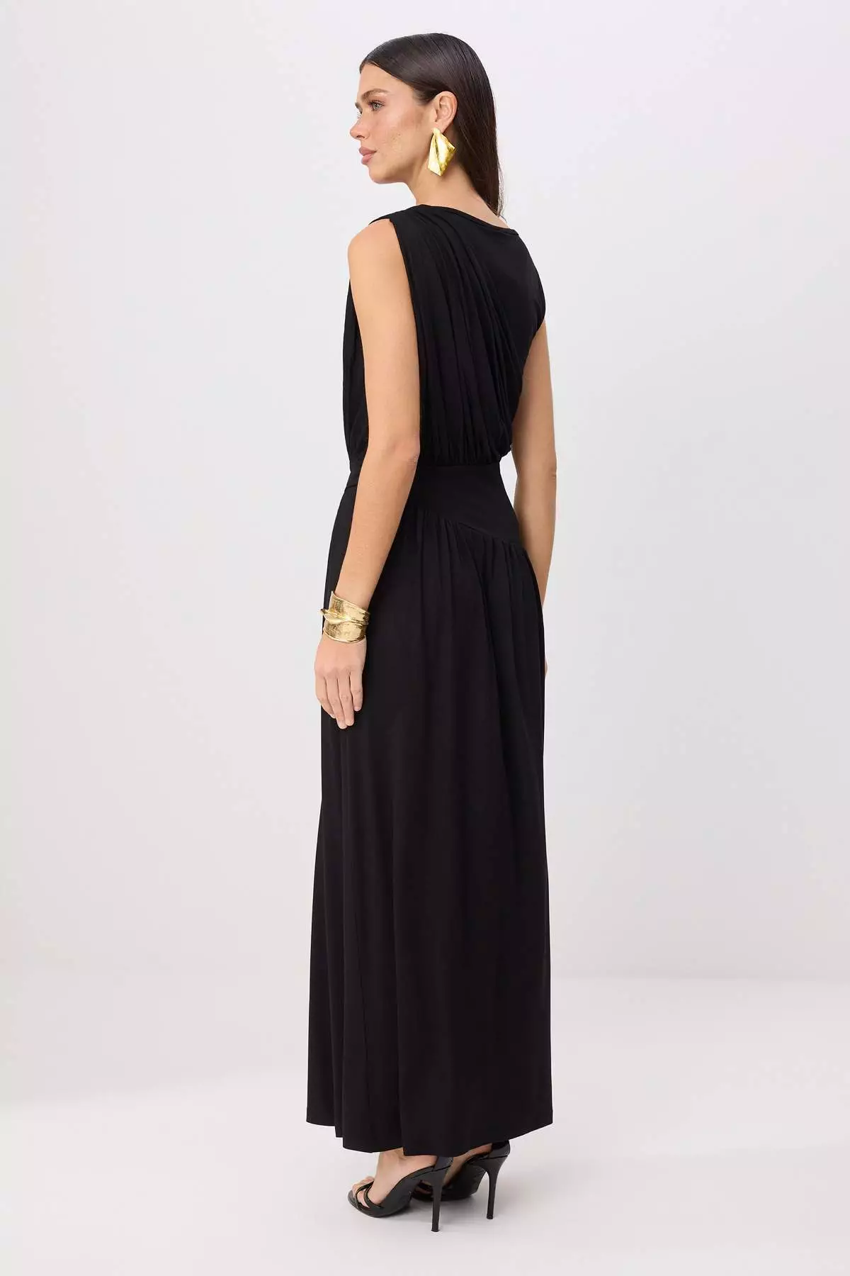 Black Shirred Drape Detailed Sleeveless Maxi Evening & Graduation Dress Tprss26Ae00224