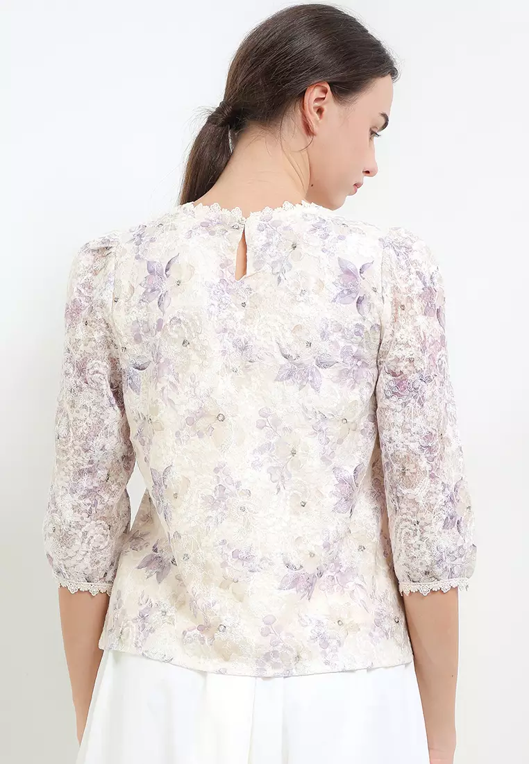 3/4 Sleeves Flo Mesh Print Emb Lace Trimmed Blouse