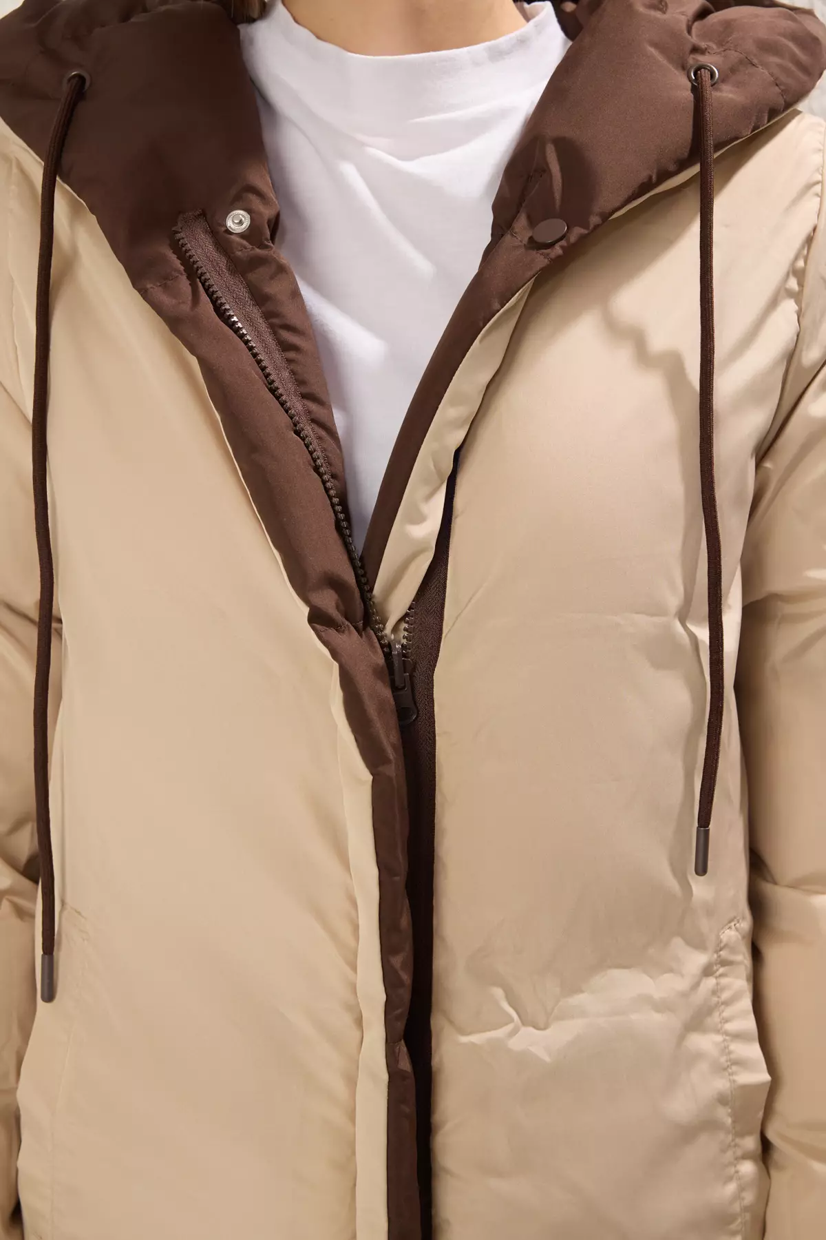 Dark Brown Ecru Double Sided Regular Fit Hooded Water Repellent Long Down Coat