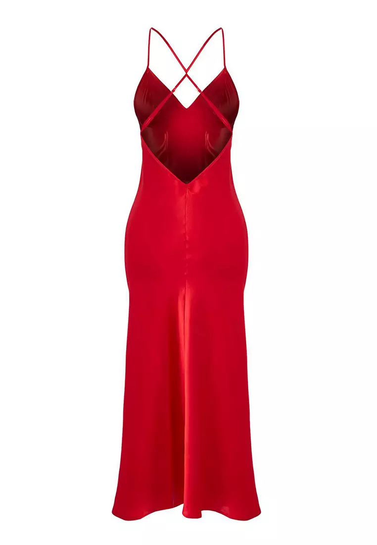 Red Slit And Button Detail Strap Satin Nightgown