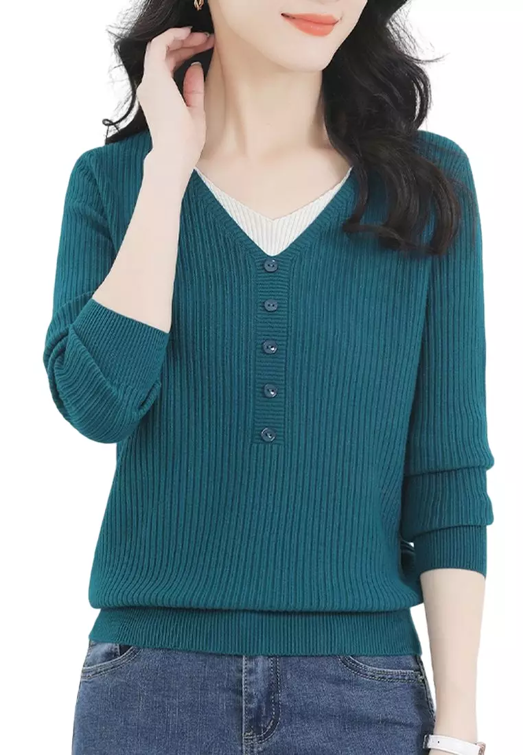 Buy A IN GIRLS Fake Two Piece Paneled V Neck Long Sleeve Sweater