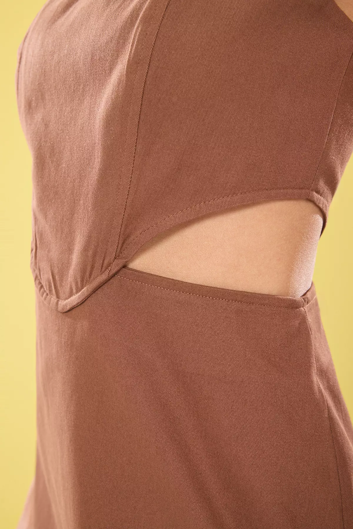 Brown A-Cut Mini Cotton Window Detail Square Neck Lined Woven Dress TWOSS23EL00596