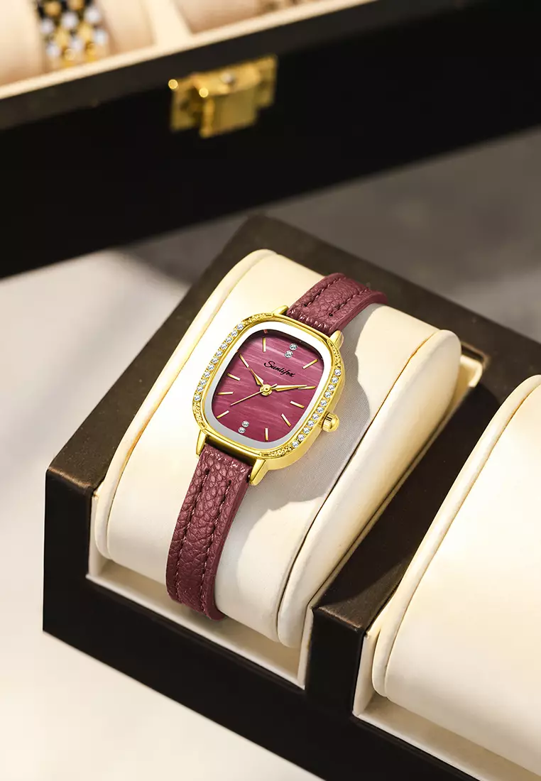 Jam Tangan Wanita Korea Elegan Berlian Vintage Dial Tali Kulit Anti Air Jam Tangan Cewek A002 red