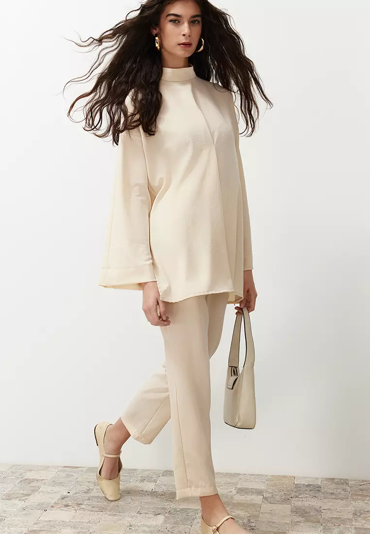 Modest Mock Neck Blouse With Elastic Pants Set