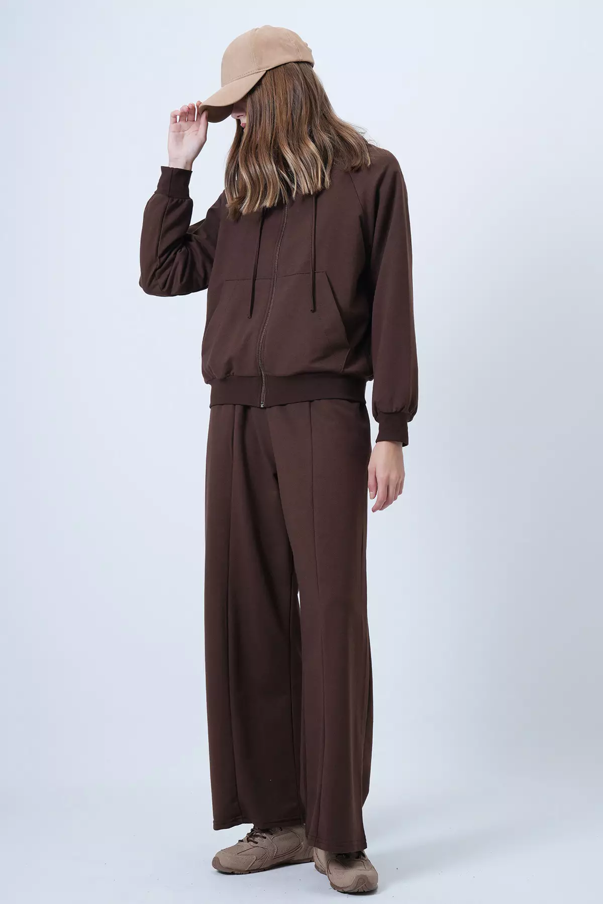 Brown Hooded Zippered Jacket And High-Waisted Wide-Leg Pants Set Alc-X14606