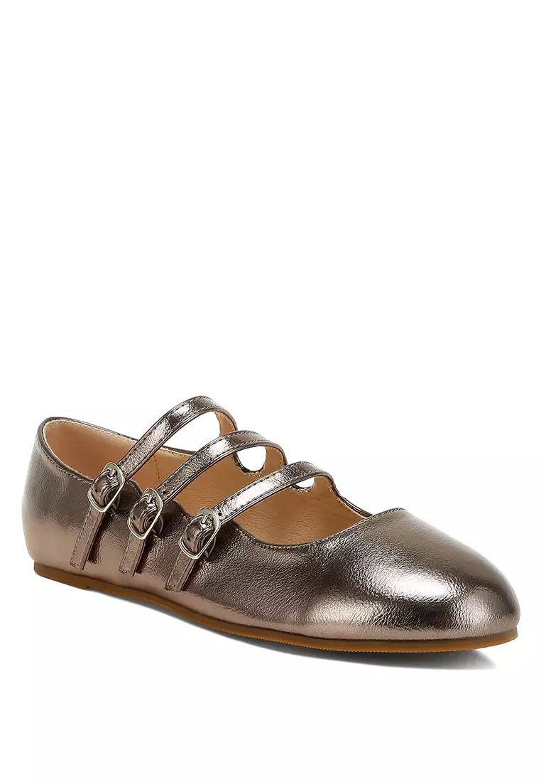 Sandal Mary Jane Tali Tiga dari Pewter