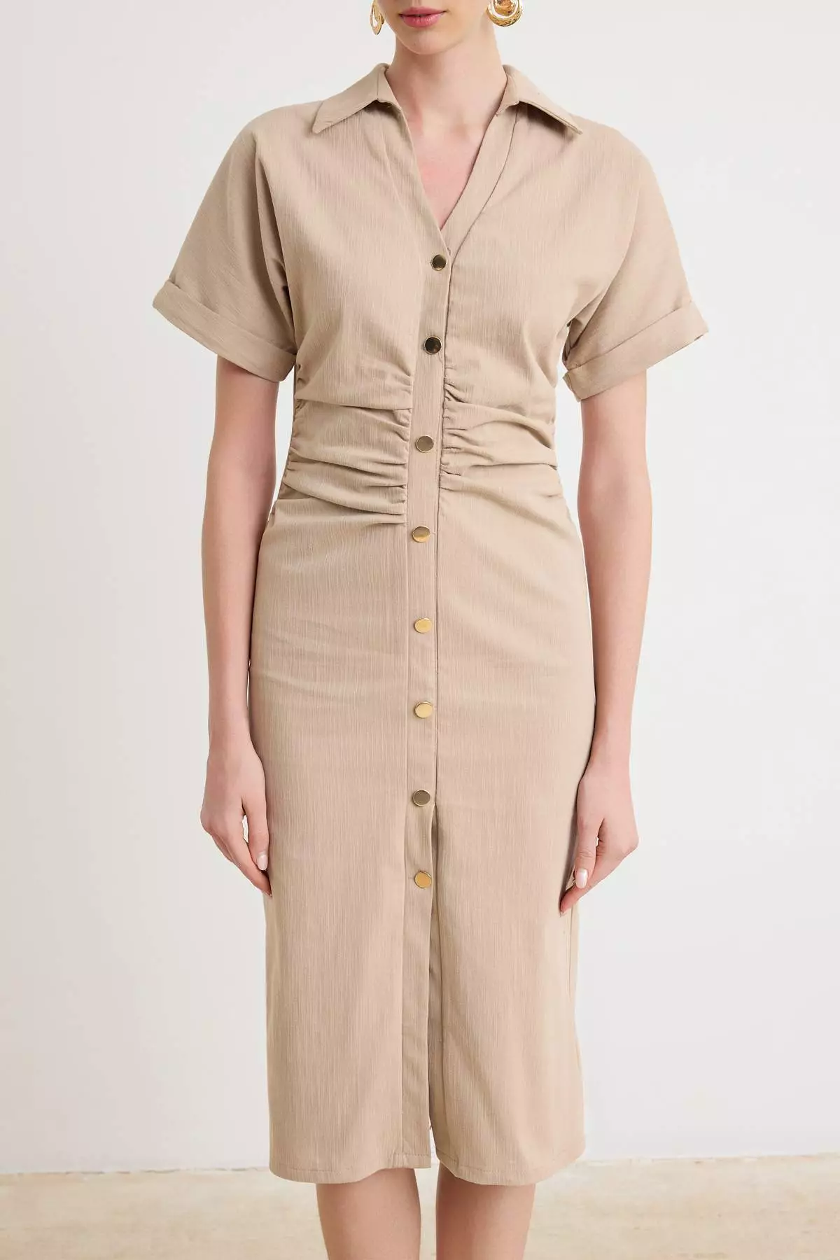 Stone Color Buttoned Midi Woven Shirt Dress Twoss26El00084